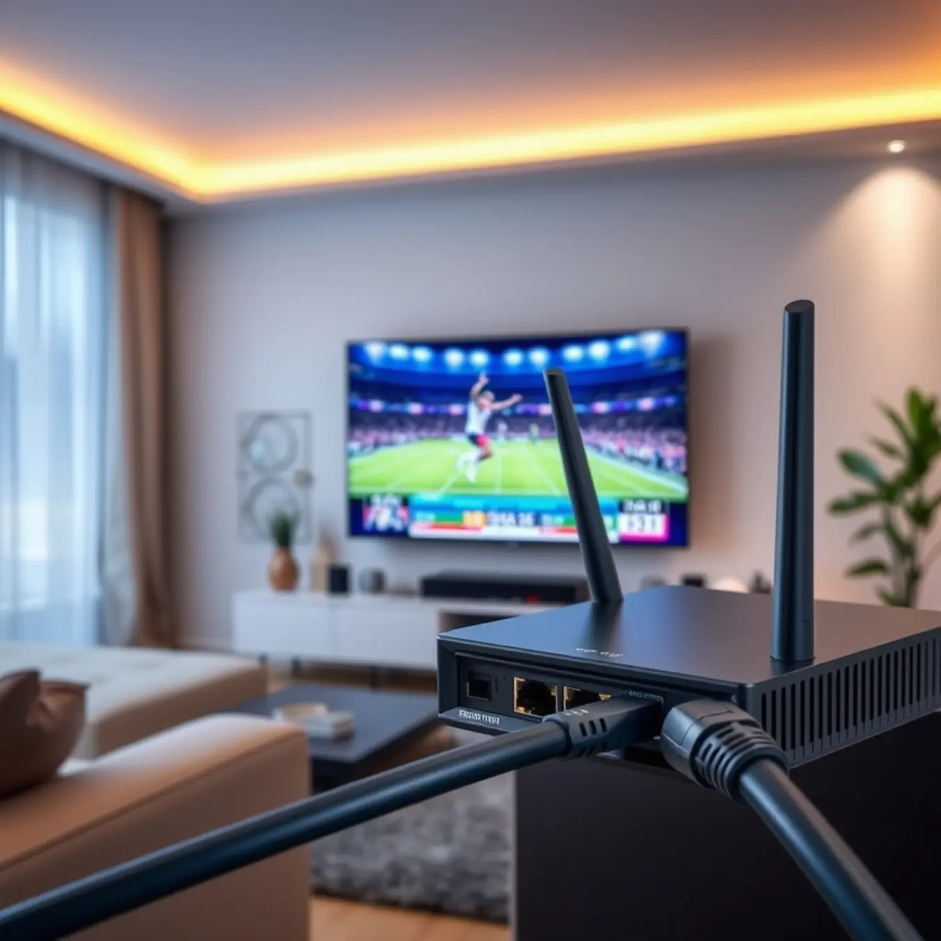 alt_text: A modern living room at night, with a flatscreen TV showing a sports broadcast and a close-up of an ethernet cable connected to a fiber optic router.