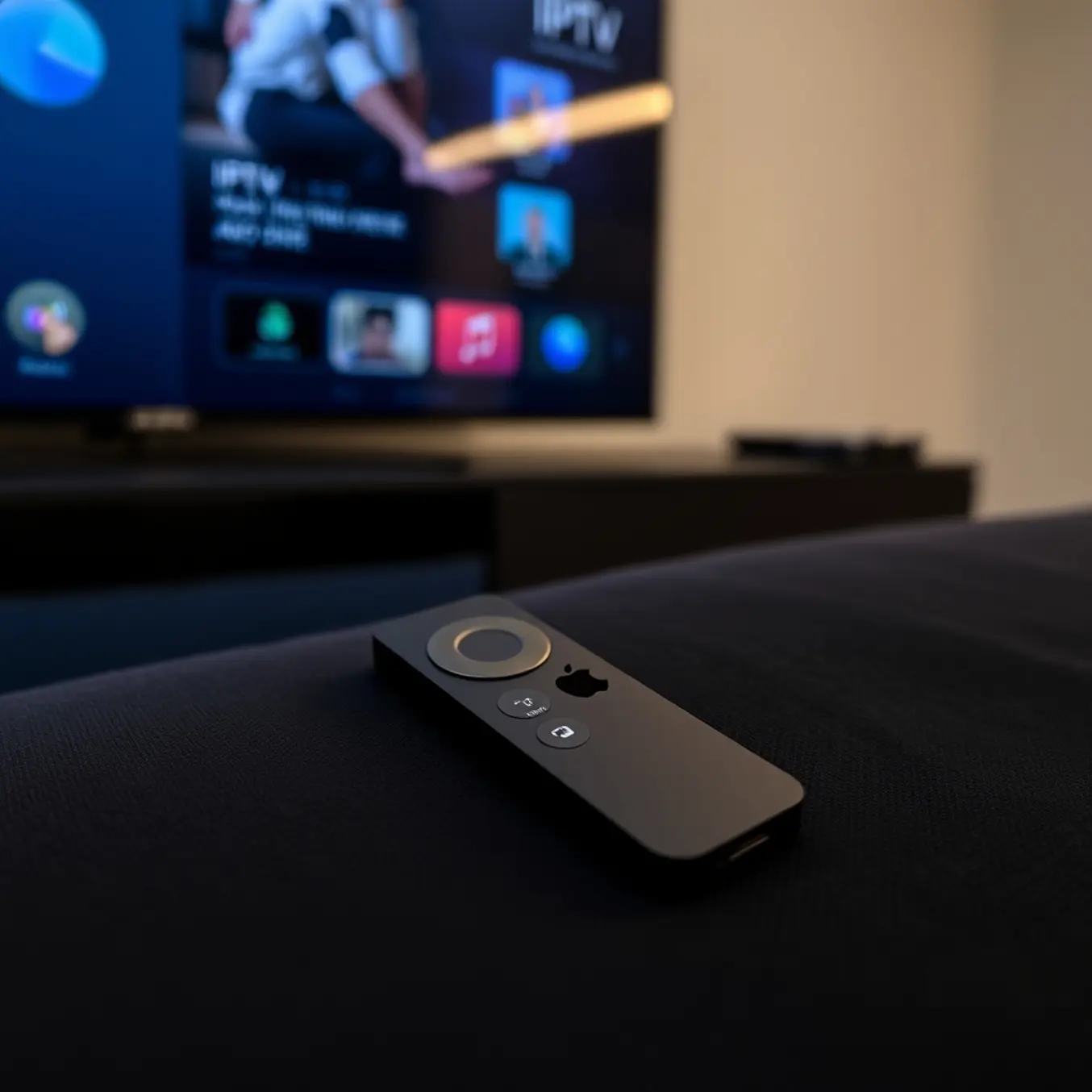 alt_text: A sleek Apple TV remote on dark fabric, with a modern IPTV app's interface reflected on the black TV screen behind it.