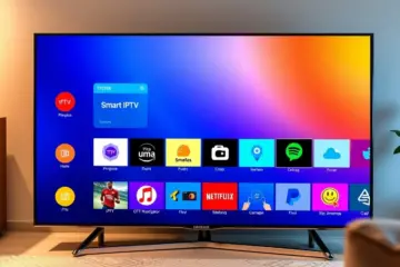 alt_text: A Samsung Smart TV in a cozy living room displays a vibrant grid of popular IPTV app icons on its screen.