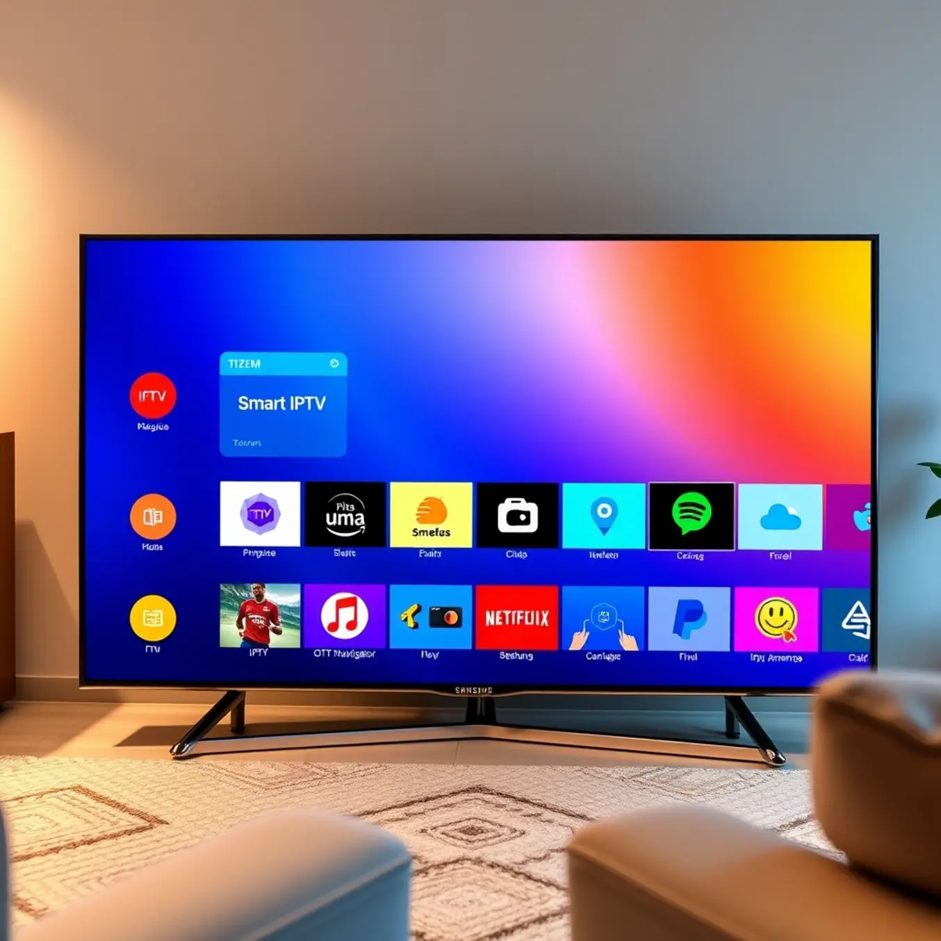 alt_text: A Samsung Smart TV in a cozy living room displays a vibrant grid of popular IPTV app icons on its screen.