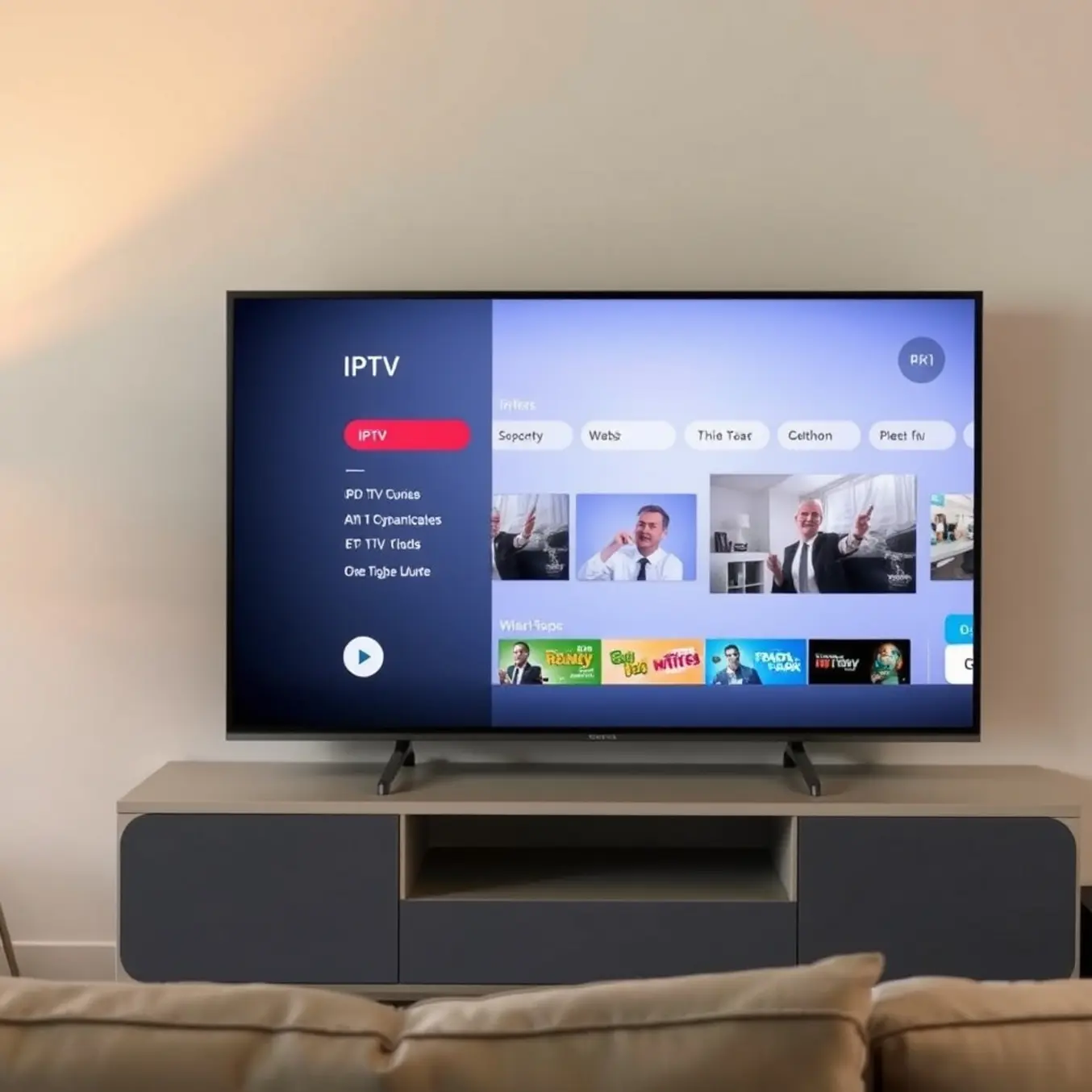 alt_text: A cozy living room with a TV displaying the Plex Media Server interface, showing an IPTV channel guide and playing a video.