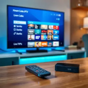 alt_text: A modern Android TV box displays a clean IPTV app interface on a 4K TV, with a remote on a wooden table in a cozy living room.