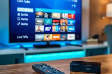 alt_text: A modern Android TV box displays a clean IPTV app interface on a 4K TV, with a remote on a wooden table in a cozy living room.