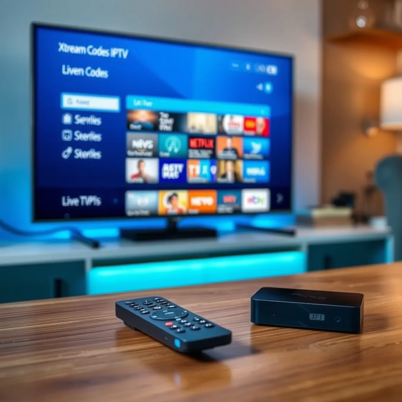 alt_text: A modern Android TV box displays a clean IPTV app interface on a 4K TV, with a remote on a wooden table in a cozy living room.