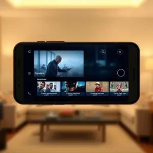 alt_text: A sleek IPTV app on a smartphone screen shows a popular movie with multiple subtitle options in a warm, cozy living room.