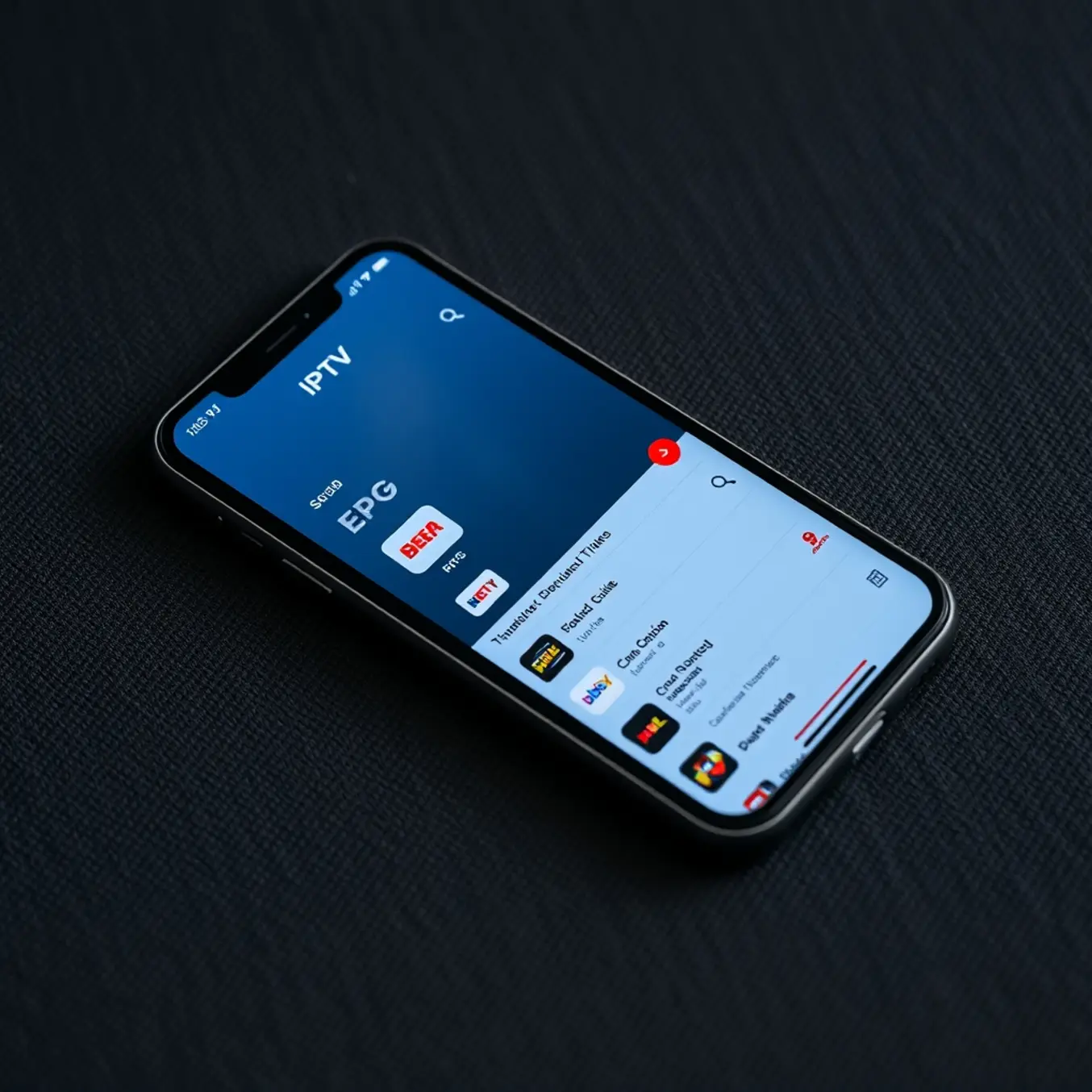 A smartphone displaying a minimalist IPTV app with a pulsing red recording icon on a program listing.