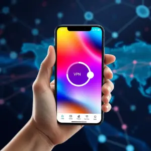 alt_text: A smartphone displays an IPTV app with VPN enabled, set against a background of glowing global data streams.