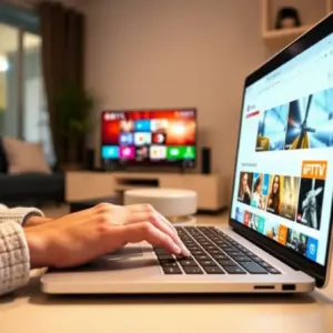 alt_text: A person typing on a laptop, with a full-screen browser displaying a vibrant IPTV channel grid in a cozy living room.