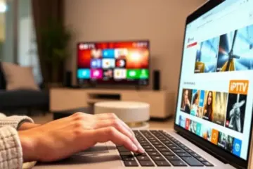 alt_text: A person typing on a laptop, with a full-screen browser displaying a vibrant IPTV channel grid in a cozy living room.