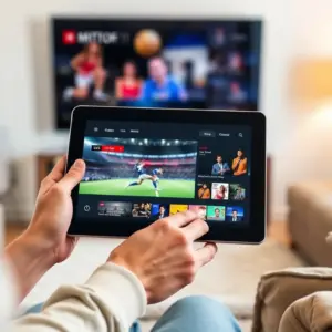 alt_text: A person in a cozy living room holds a tablet displaying a high-quality IPTV sports stream.