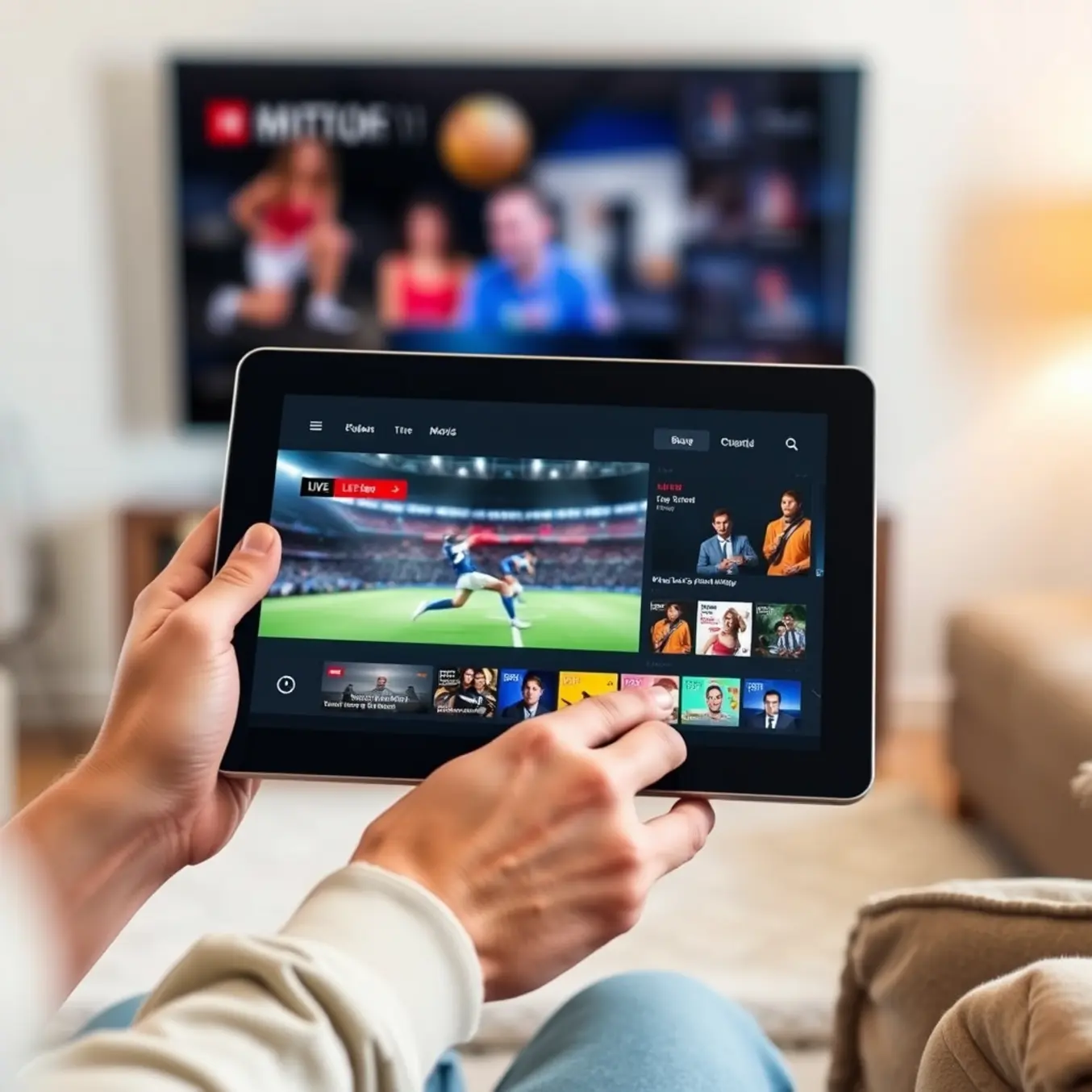 alt_text: A person in a cozy living room holds a tablet displaying a high-quality IPTV sports stream.