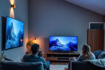 alt_text: Een modern gezin kijkt naar een slanke smart-tv, met een discreet IPTV-kastje binnen en een traditionele satellietschotel buiten.