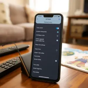 alt_text: A smartphone on a coffee table shows an IPTV app's parental control menu, featuring content locks and time limits, in a cozy living room.