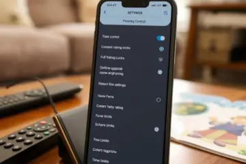 alt_text: A smartphone on a coffee table shows an IPTV app's parental control menu, featuring content locks and time limits, in a cozy living room.