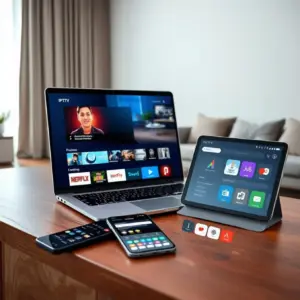 alt_text: A sleek laptop, phone, and tablet display a modern IPTV interface in a minimalist, softly lit living room.