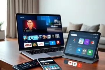 alt_text: A sleek laptop, phone, and tablet display a modern IPTV interface in a minimalist, softly lit living room.