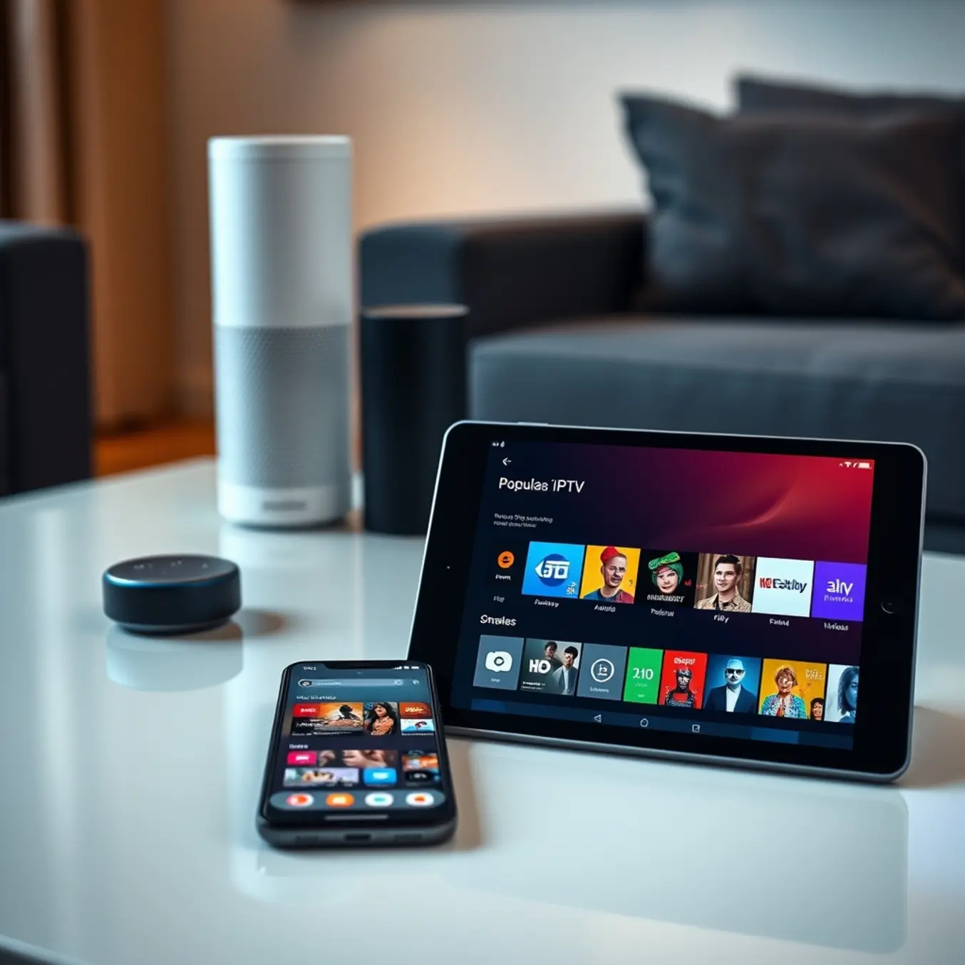 alt_text: A modern living room with a smartphone and tablet on a coffee table showing IPTV apps. An Echo and Nest Hub are integrated with soft LED lighting.