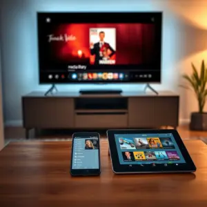 alt_text: A minimalist living room at dusk, where a smartphone, tablet, and TV seamlessly display the same media via DLNA.