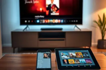 alt_text: A minimalist living room at dusk, where a smartphone, tablet, and TV seamlessly display the same media via DLNA.