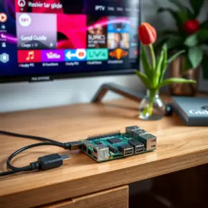 alt_text: A Raspberry Pi 4 connected to a TV displays a vibrant IPTV guide on a minimalist Dutch-design desk with a tulip.