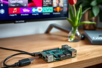 alt_text: A Raspberry Pi 4 connected to a TV displays a vibrant IPTV guide on a minimalist Dutch-design desk with a tulip.