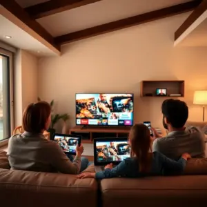 alt_text: A family of four in a cozy living room, each using a different device to stream separate HD channels from the same IPTV service.