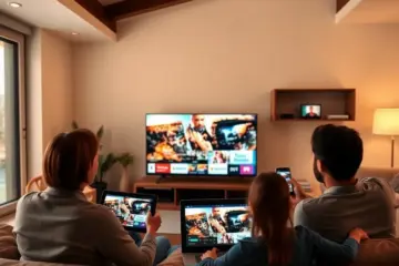 alt_text: A family of four in a cozy living room, each using a different device to stream separate HD channels from the same IPTV service.