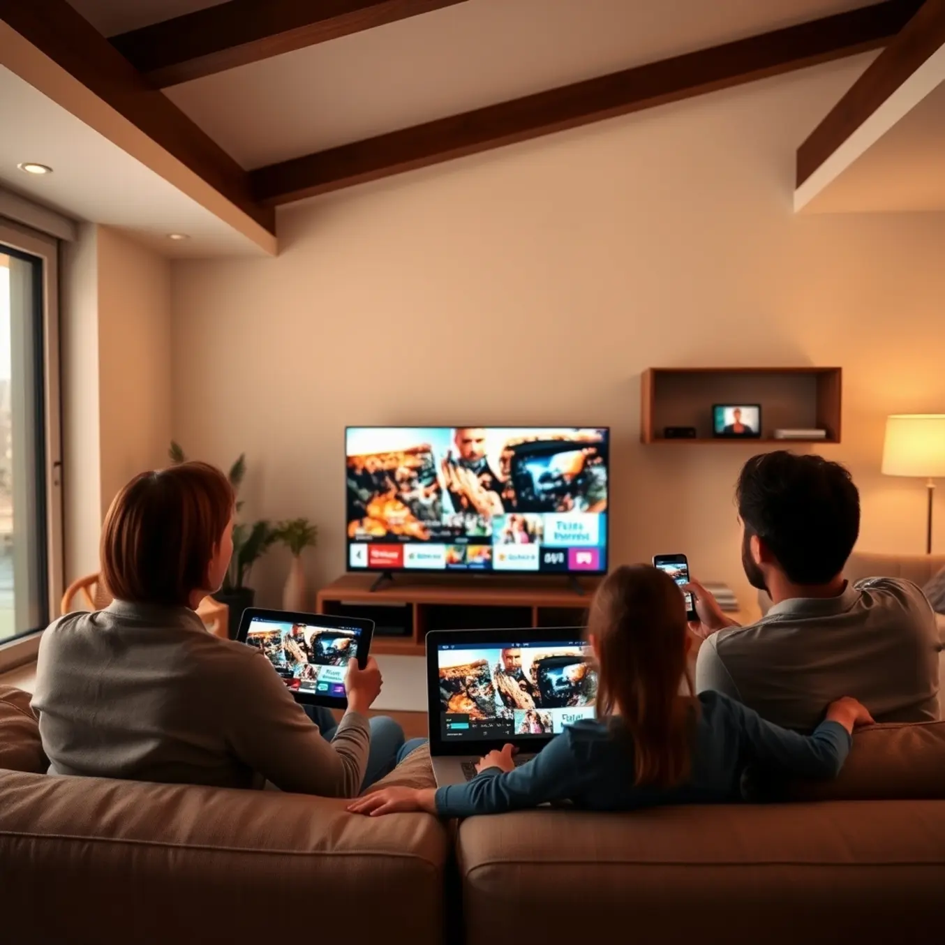 alt_text: A family of four in a cozy living room, each using a different device to stream separate HD channels from the same IPTV service.