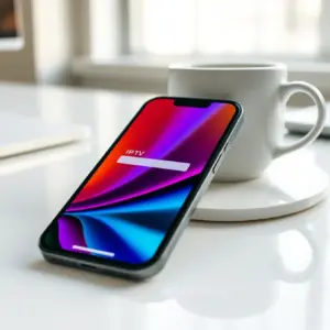 alt_text: An iPhone on a desk shows a colorful streaming app with a buffering icon, bathed in soft morning light next to a coffee mug.