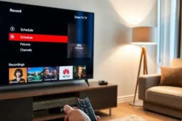 alt_text: A person uses a remote to navigate a Smart TV's recording menu, with a cozy living room and soft lighting in the background.