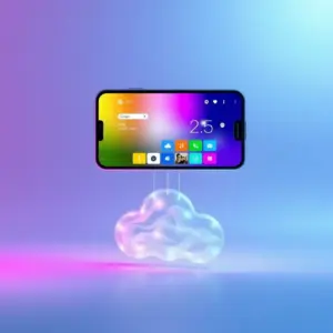 alt_text: A smartphone displaying an IPTV app floats above a glowing cloud, with data streams connecting to cloud storage.