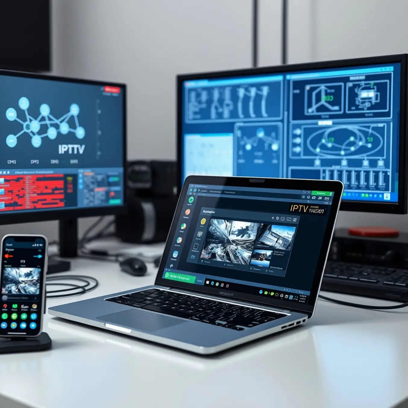 alt_text: A modern tech workspace with a laptop running an IPTV application emulator, a smartphone mirroring the stream, and network analysis tools.