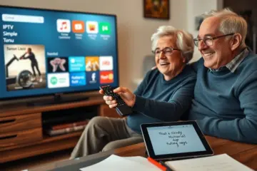 alt_text: A cheerful senior couple smiles in their cozy living room, using a simple remote to navigate a clear TV menu.
