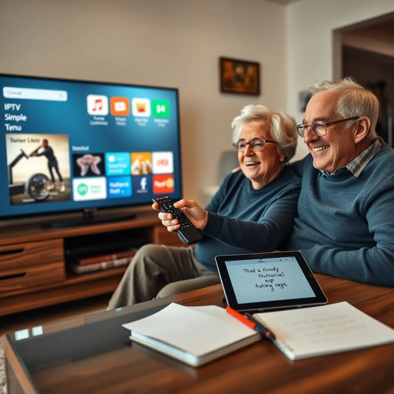 alt_text: A cheerful senior couple smiles in their cozy living room, using a simple remote to navigate a clear TV menu.