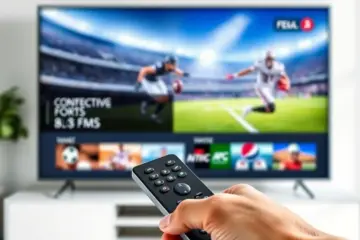 alt_text: A hand uses a modern remote, seamlessly switching between two sharp, high-definition sports channels on a sleek TV.