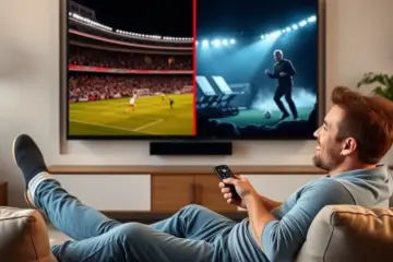alt_text: A person smiles on a modern sofa, watching a large TV split between a live football match and a blockbuster movie.