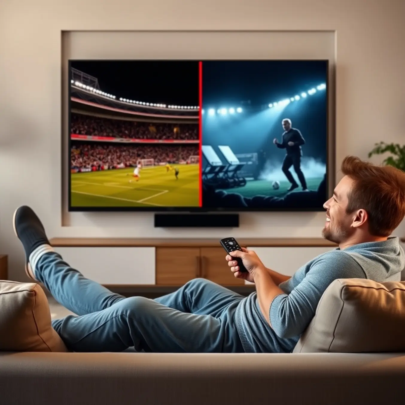 alt_text: A person smiles on a modern sofa, watching a large TV split between a live football match and a blockbuster movie.