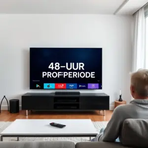 alt_text: A person in a modern living room browses a large TV displaying a clean IPTV interface with the text "48-UUR PROEFPERIODE" on screen.