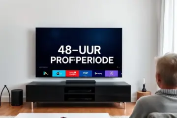 alt_text: A person in a modern living room browses a large TV displaying a clean IPTV interface with the text "48-UUR PROEFPERIODE" on screen.