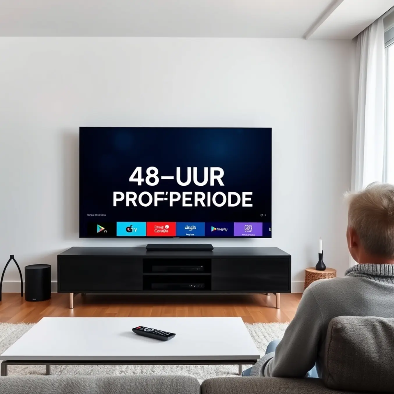 alt_text: A person in a modern living room browses a large TV displaying a clean IPTV interface with the text "48-UUR PROEFPERIODE" on screen.