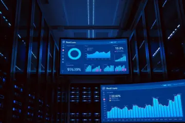 alt_text: A low-angle view of a sleek, modern server room with glowing blue LED lights, emphasizing its powerful and reliable infrastructure.