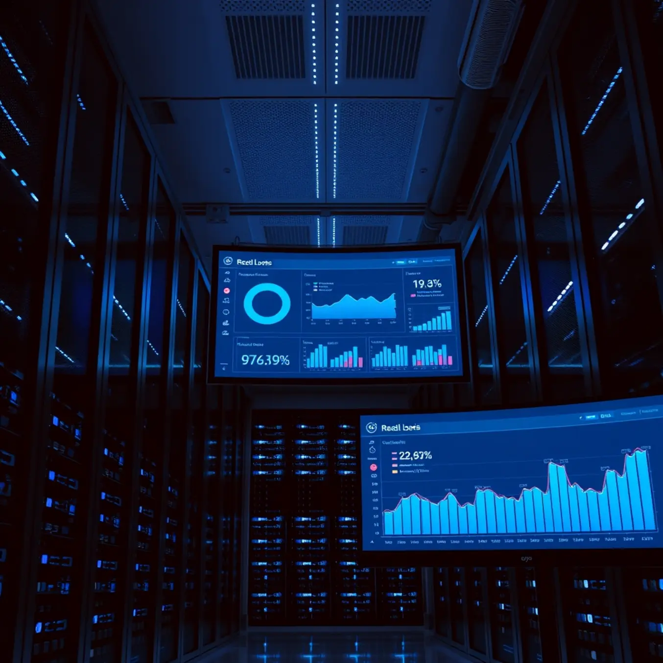 alt_text: A low-angle view of a sleek, modern server room with glowing blue LED lights, emphasizing its powerful and reliable infrastructure.