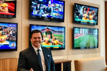 alt_text: A hotel manager presents a wall of high-definition televisions displaying news and sports to a satisfied business client in a modern lounge.