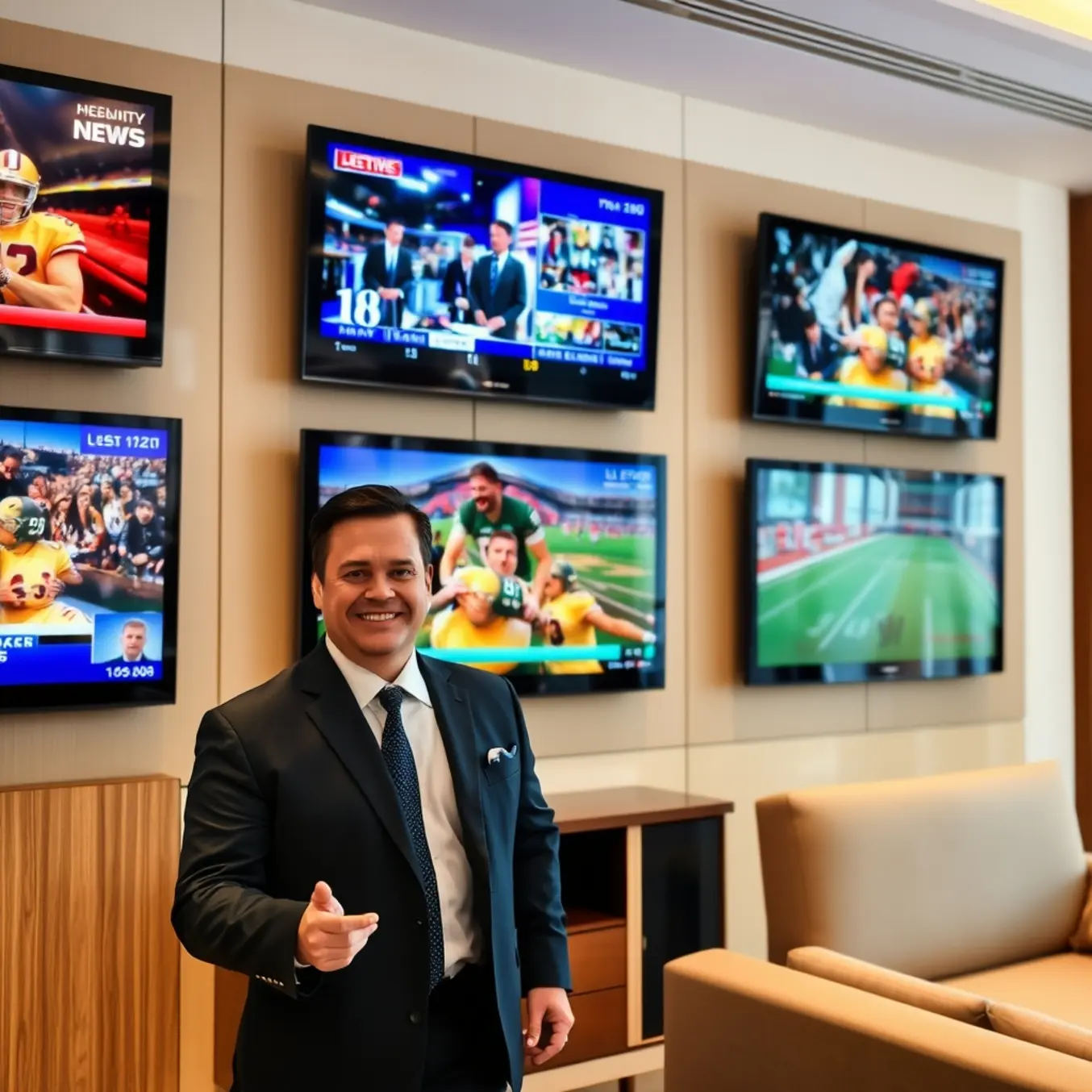 alt_text: A hotel manager presents a wall of high-definition televisions displaying news and sports to a satisfied business client in a modern lounge.