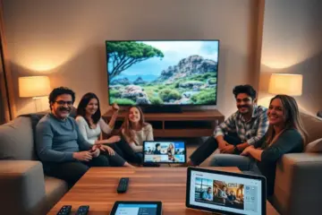 alt_text: A diverse family enjoys a cozy movie night, watching a vibrant nature documentary on a large TV in their warmly lit living room.