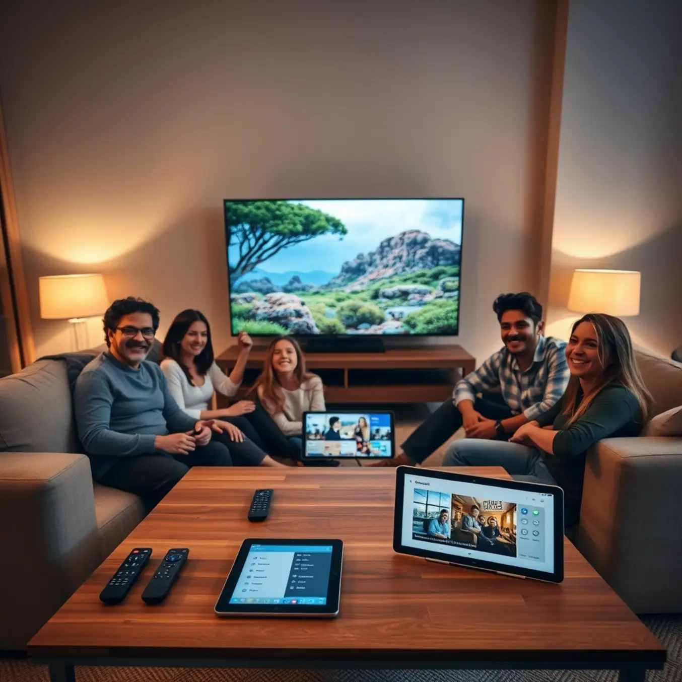 alt_text: A diverse family enjoys a cozy movie night, watching a vibrant nature documentary on a large TV in their warmly lit living room.