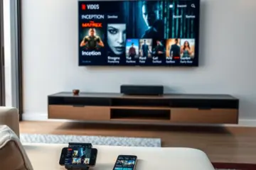 alt_text: A minimalist living room with a large TV displaying a streaming service menu. A sofa, phone, and remote show the cohesive interface.