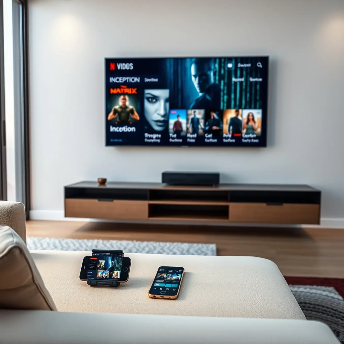 alt_text: A minimalist living room with a large TV displaying a streaming service menu. A sofa, phone, and remote show the cohesive interface.