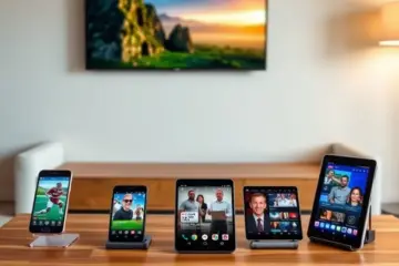 alt_text: A modern living room with a TV and multiple devices streaming different shows, depicting shared, multi-screen entertainment at home.