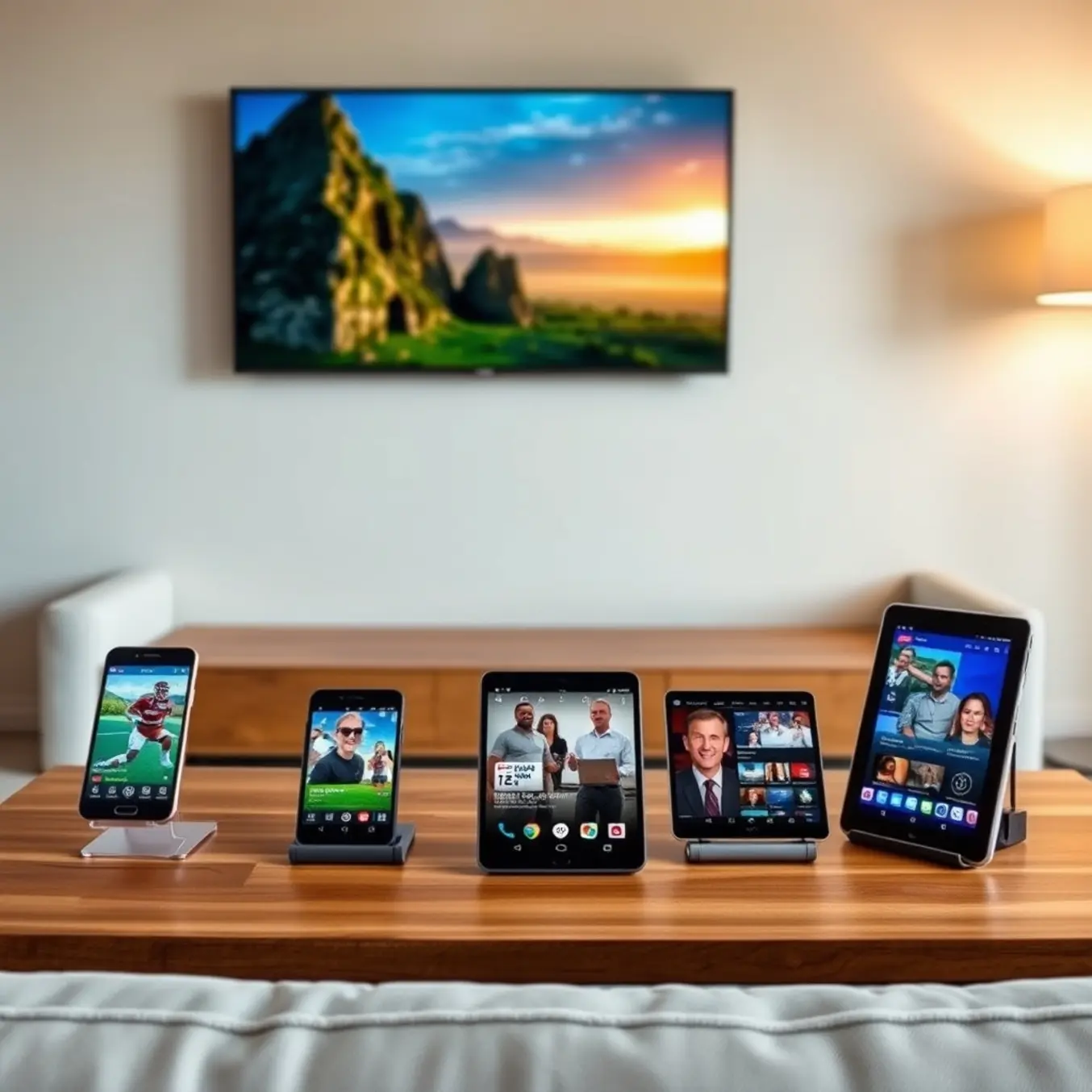alt_text: A modern living room with a TV and multiple devices streaming different shows, depicting shared, multi-screen entertainment at home.